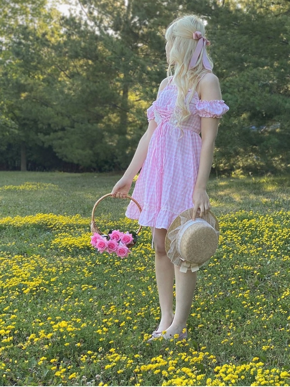 Romwe pink Gingham Off-Shoulder cottagecore Dress